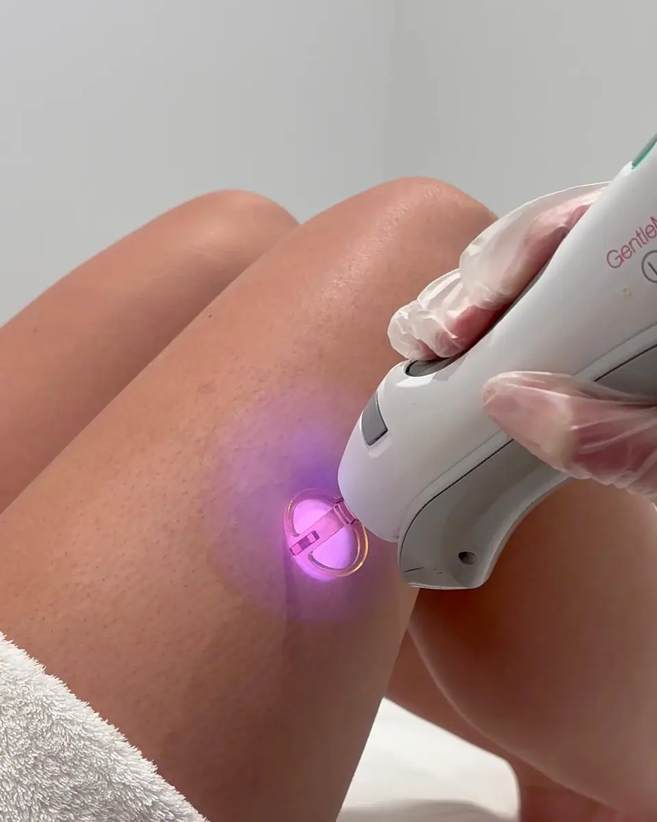 A gloved therapist holding the laser handpiece against a client's leg as it fires, the pulse visible as a pink flash