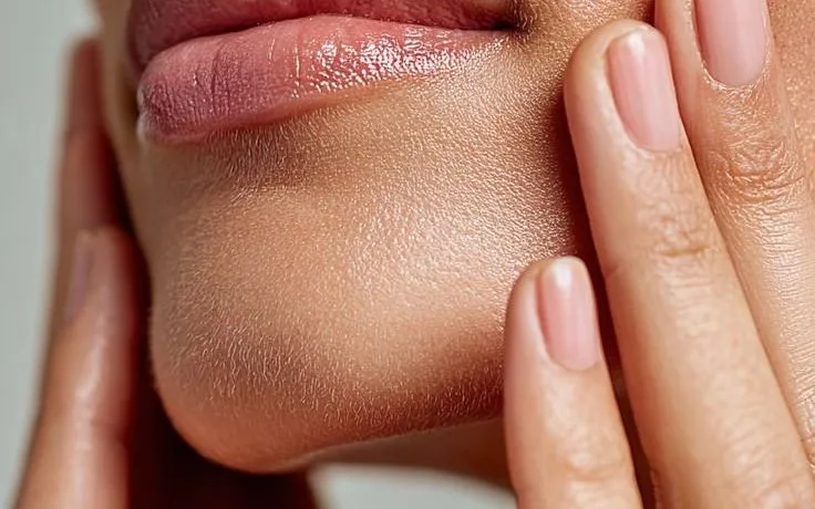 Close-up of a woman resting her fingertips against her jaw