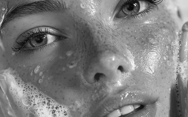 Black and white close-up of a freckled face with water droplets on the skin