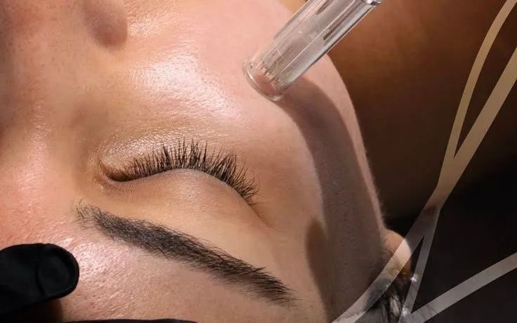 A handheld treatment device being used on a client lying on a treatment bed