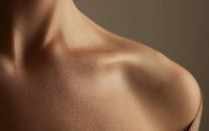 A bare shoulder and collarbone in soft, warm light
